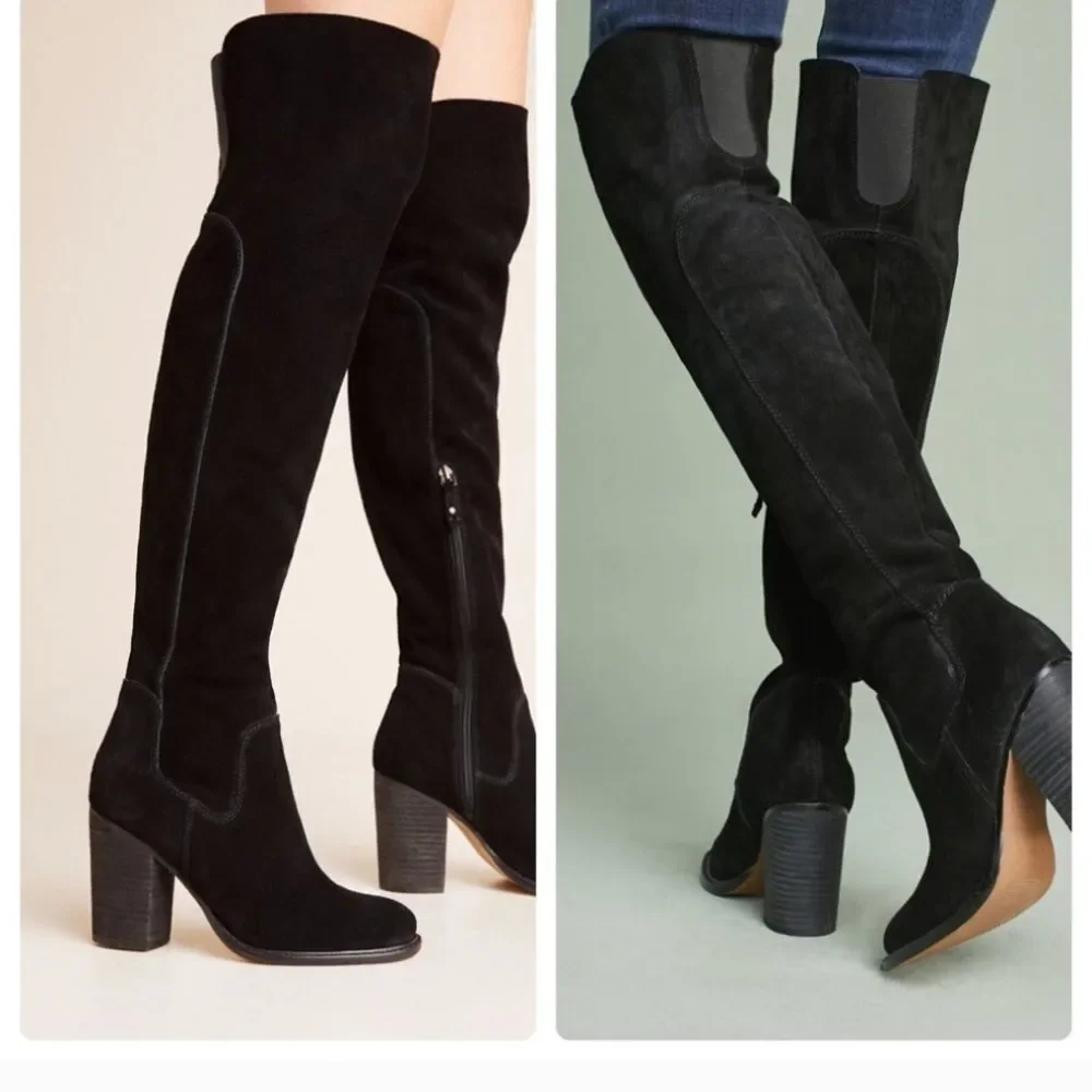 Kelsi Dagger Brooklyn Logan Over The Knee Boots Black Suede Stacked Heel Sz 9.5